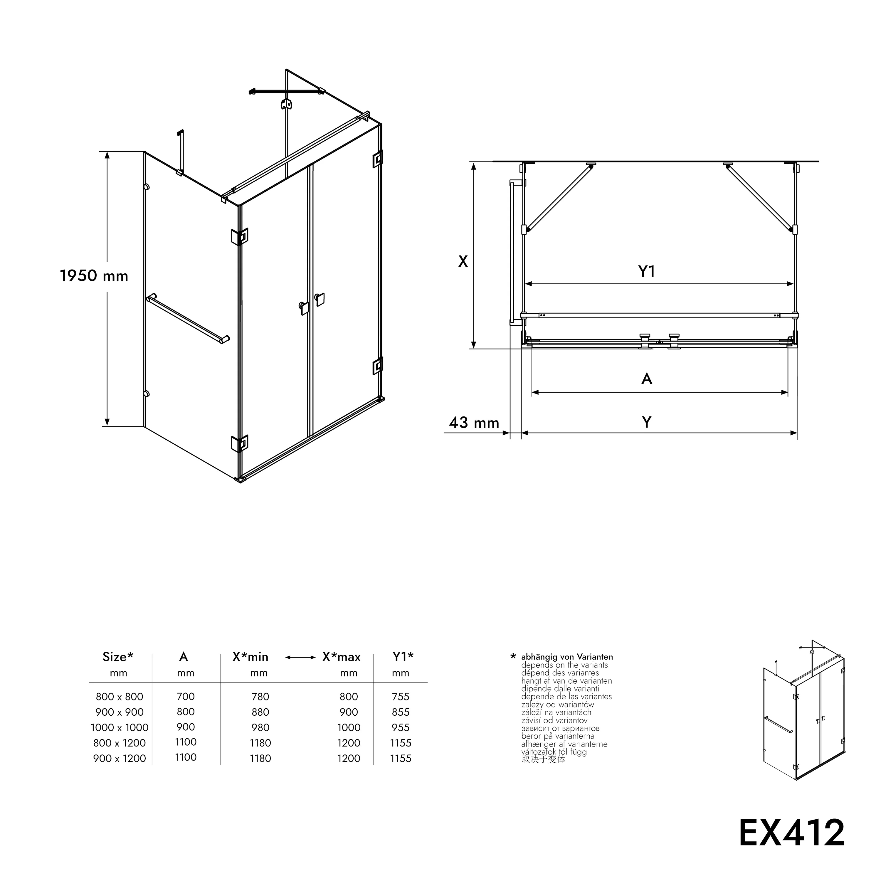 Duschvägg EX412 i U-form med gångjärnsdörrar - Image 8