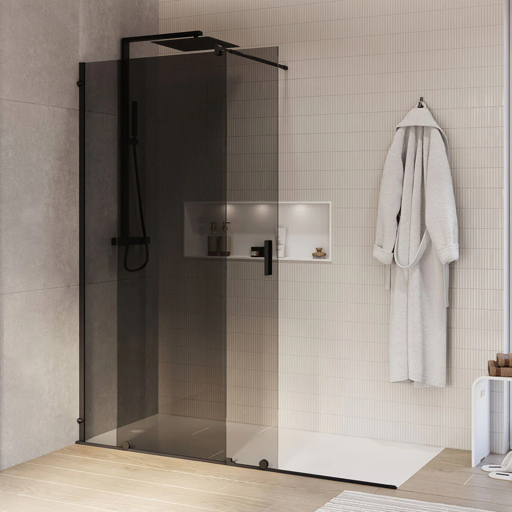Duschskåp Walk-In NT101 Skjutdörr Svart matt - Nano Grey glas 8mm - bredd valbar - Image 12