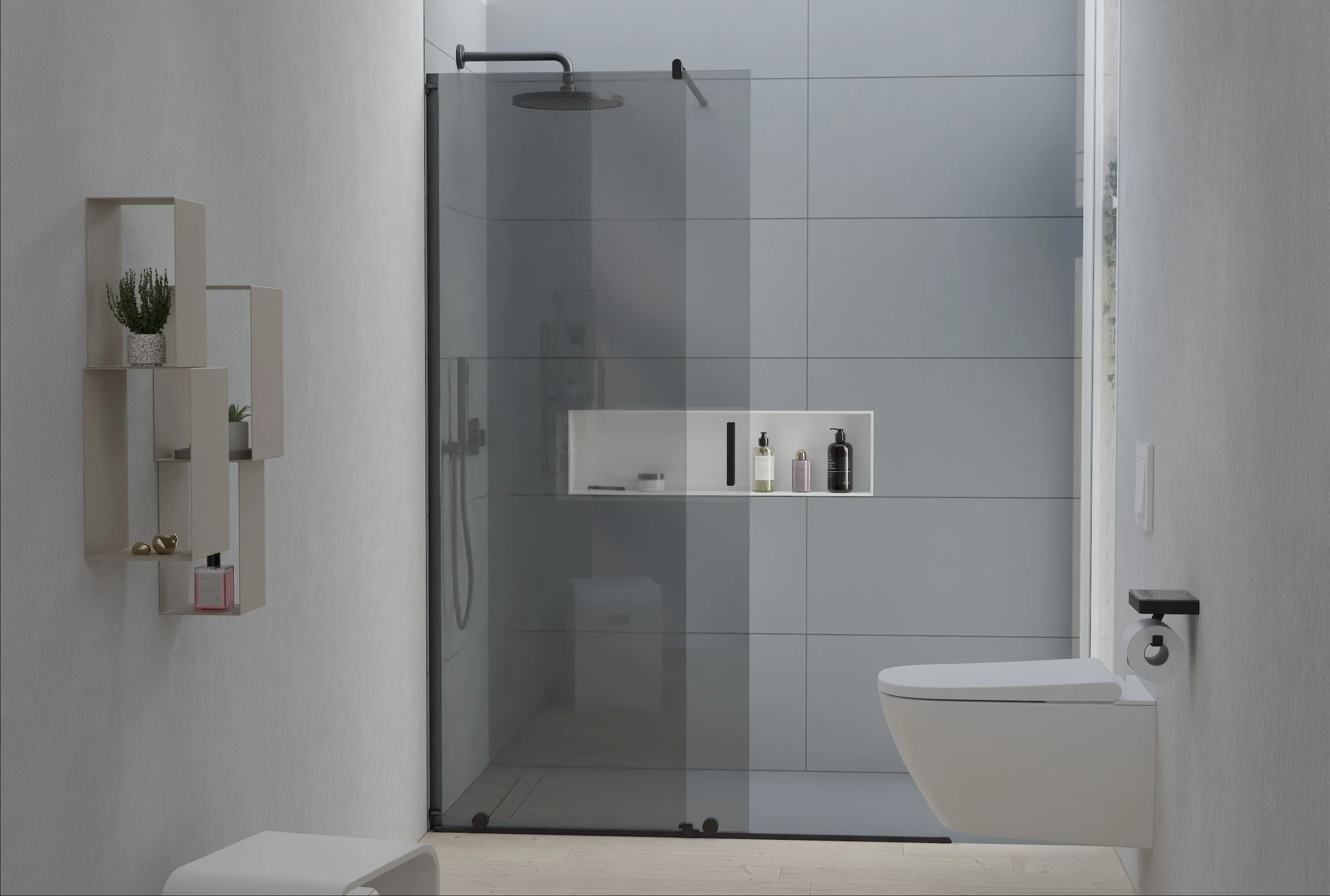 Duschskåp Walk-In NT101 Skjutdörr Svart matt - Nano Grey glas 8mm - bredd valbar - Image 2