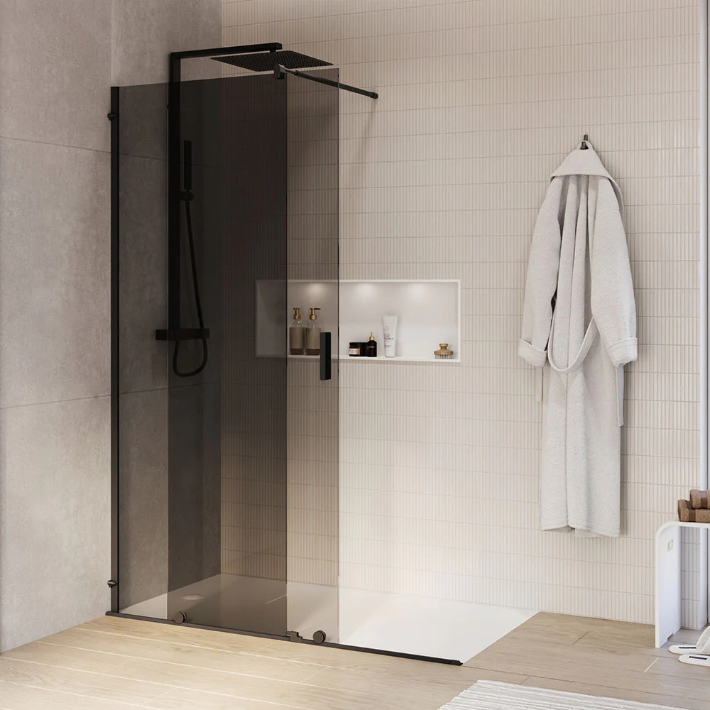 Duschskåp Walk-In NT101 Skjutdörr Svart matt - Nano Grey glas 8mm - bredd valbar - Image 3