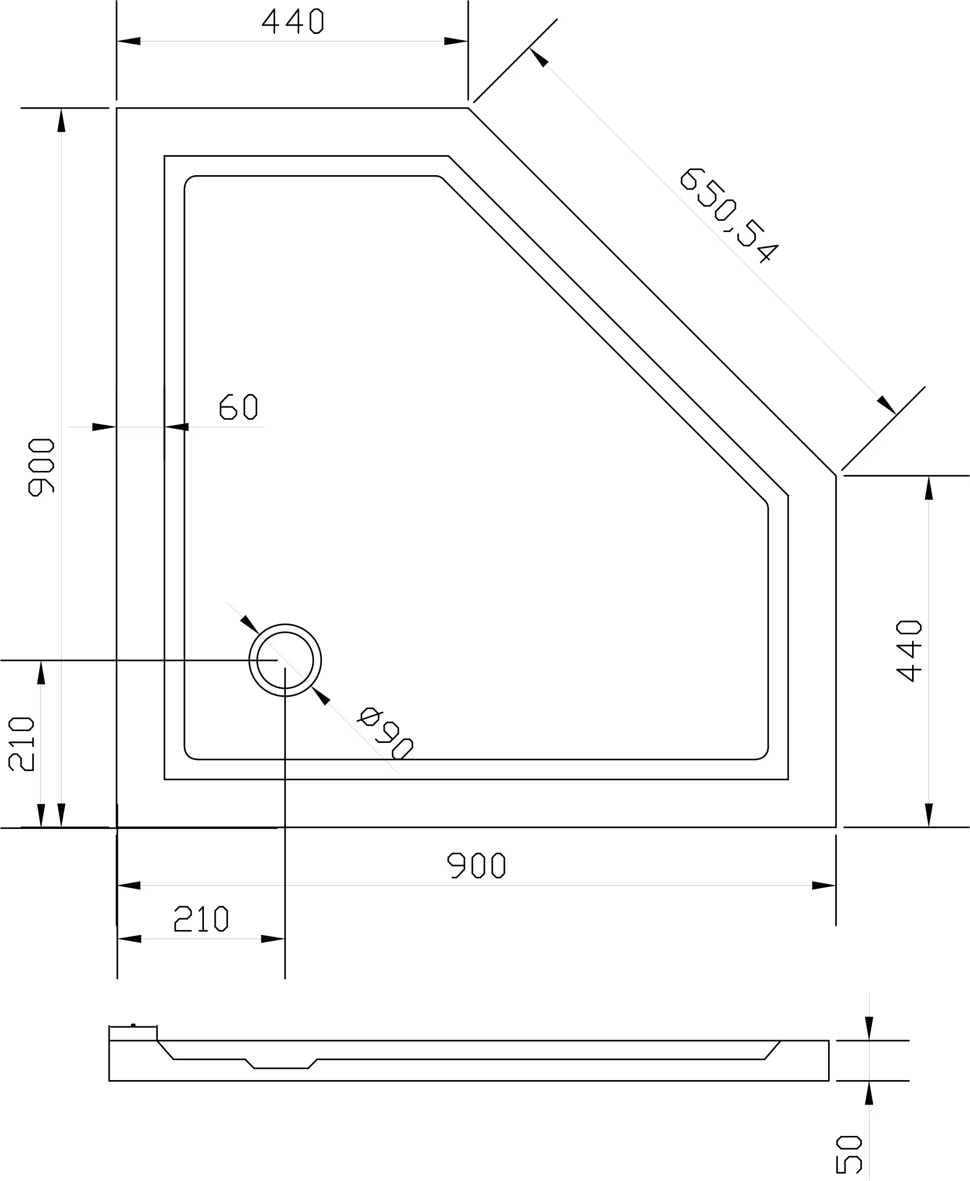 Femhörnig duschkar - 90 x 90 cm och avloppssystemt - Image 3