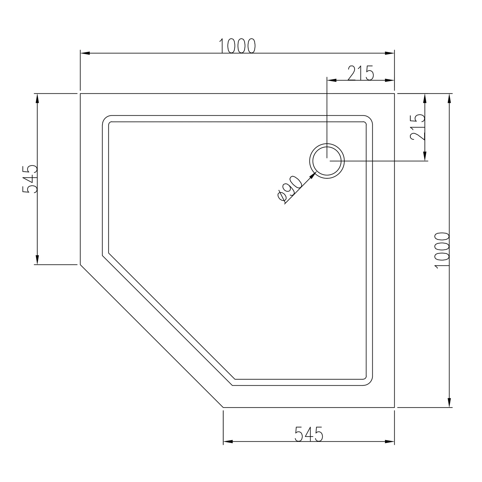 Femhörnigt duschkar 100 x 100 cm med bottenventil - Image 2