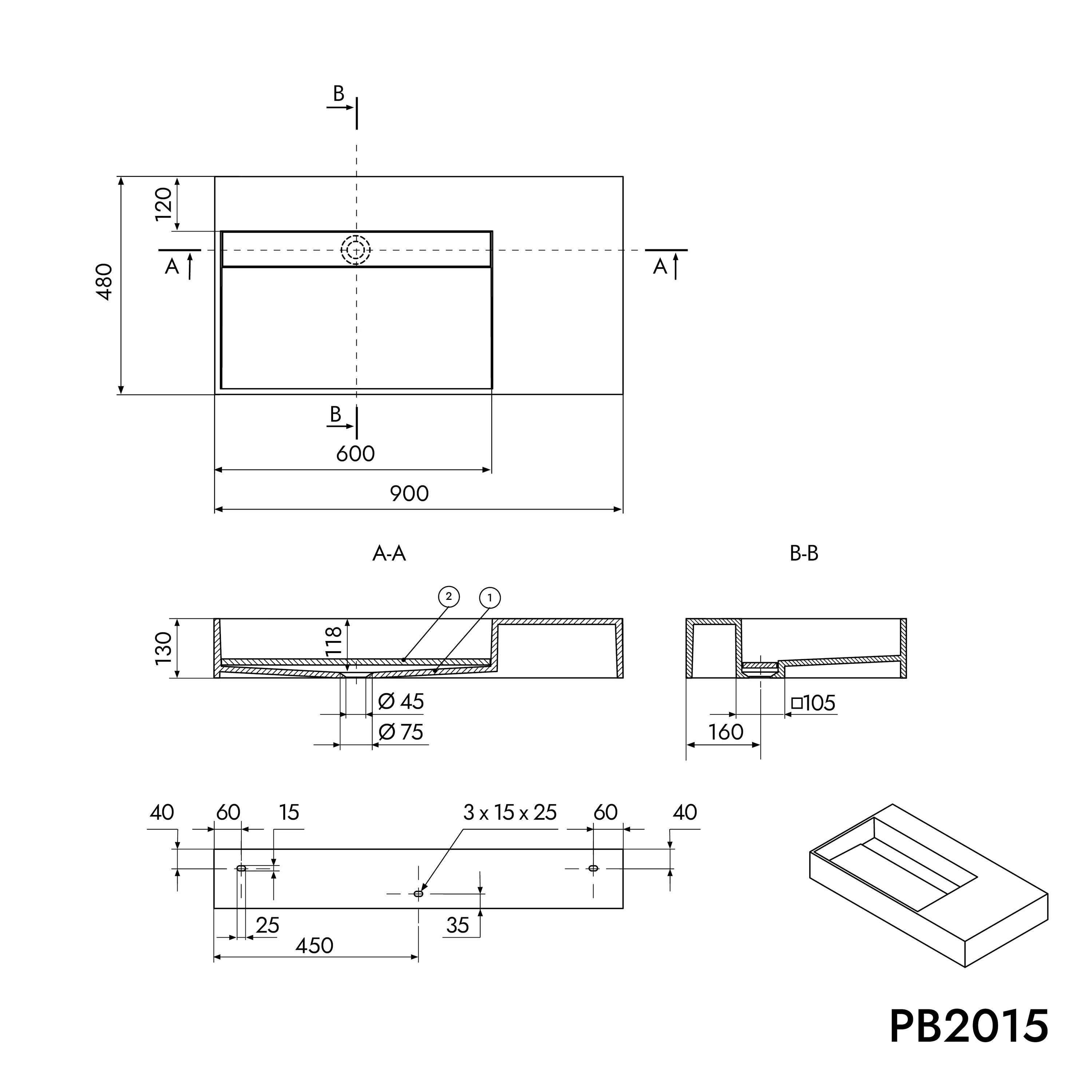 PB2015 vägghängd tvättställ i gjuten mineral - Image 7