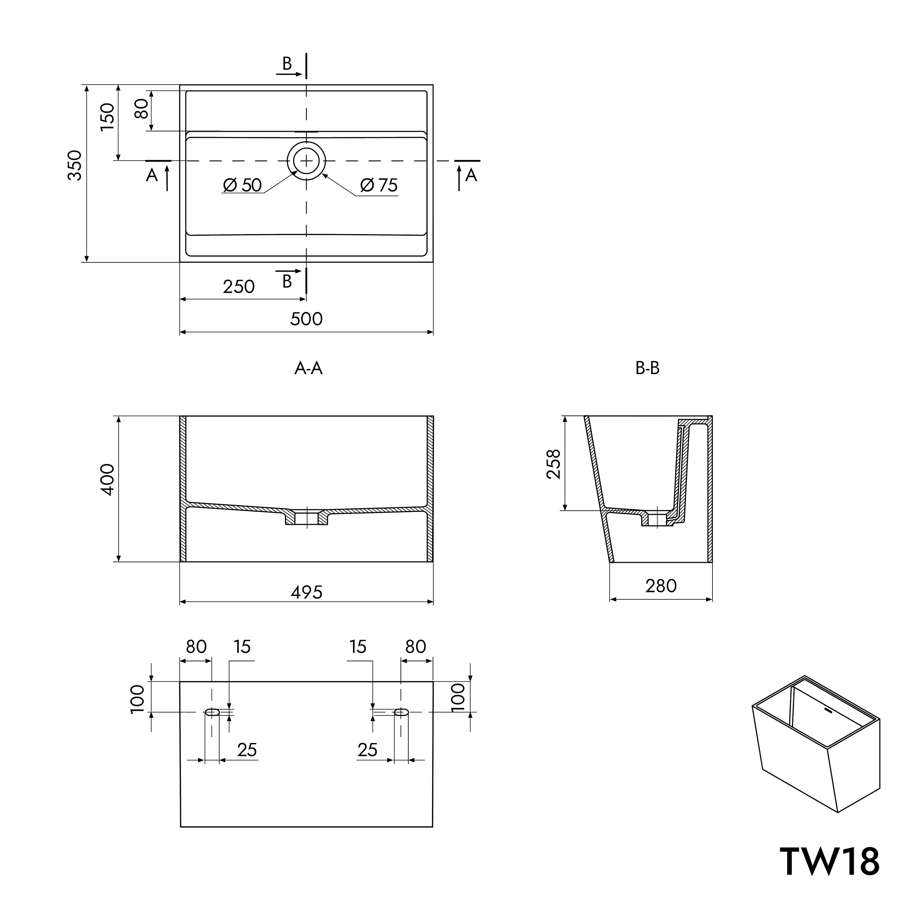 TW18 vägghängd tvättställ i gjuten mineral - Image 4