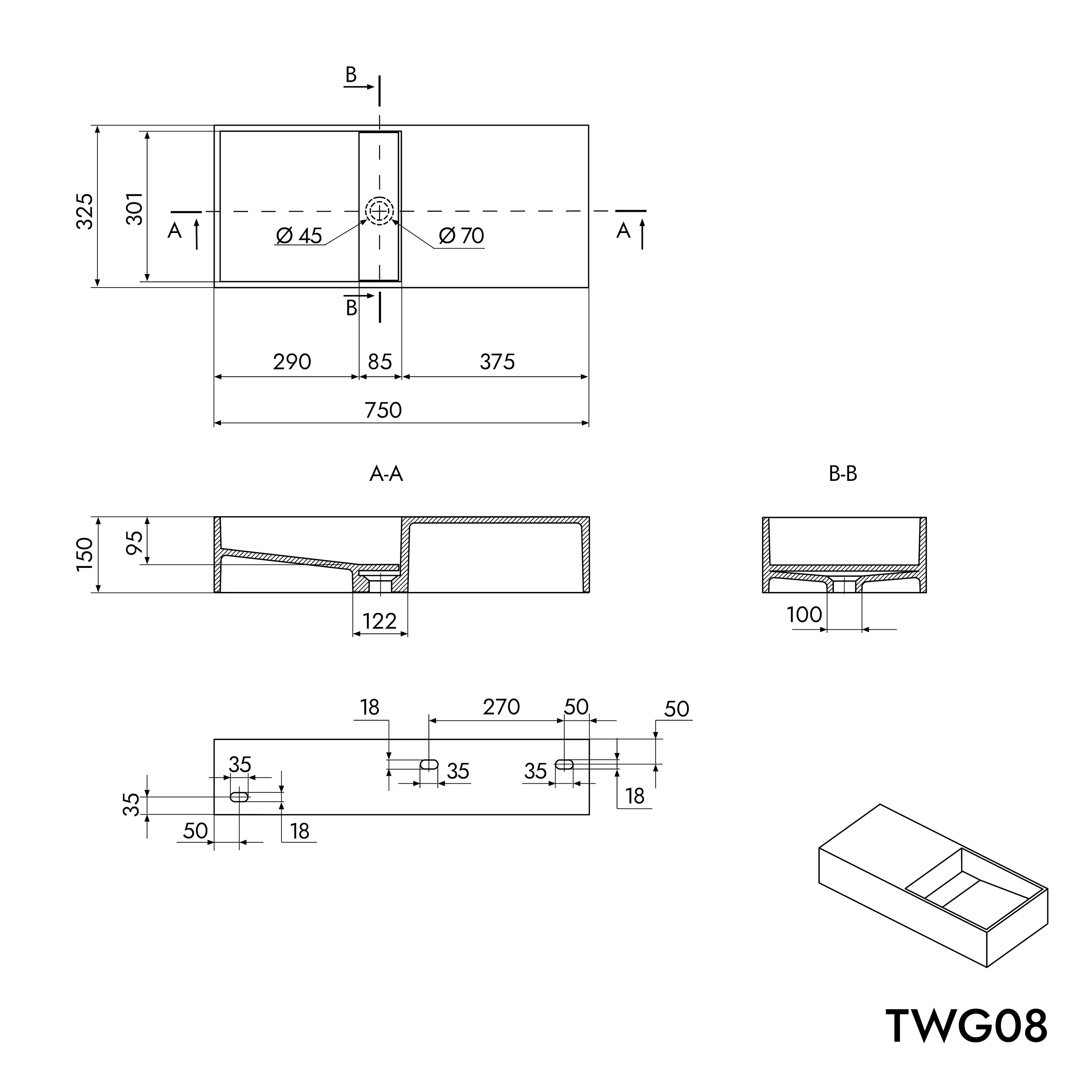 TWG08 vägghängd tvättställ i gjuten mineral - Image 7