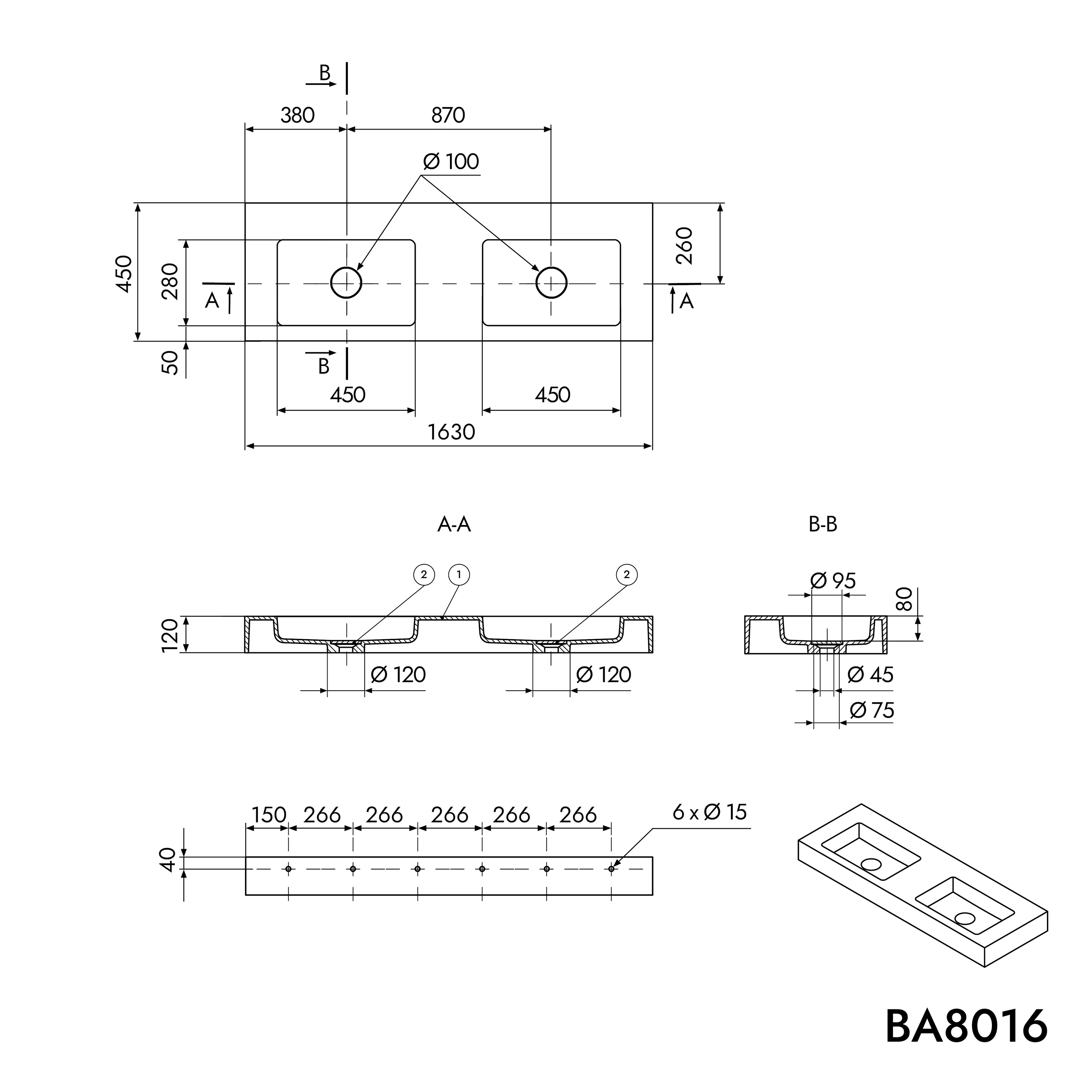 Vägghängt dubbeltvättställ BA8016 i gjuten mineral - Image 17