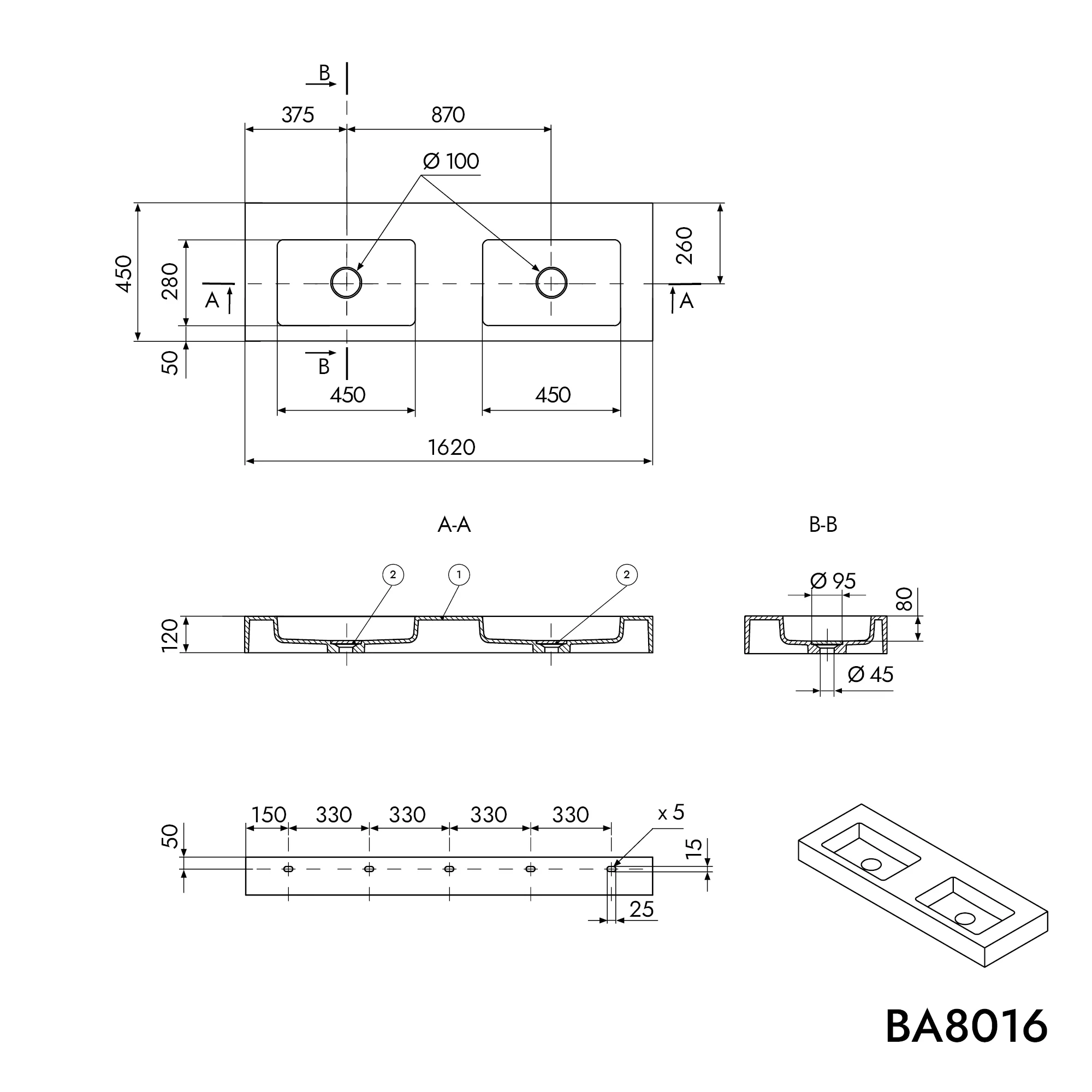 Vägghängt dubbeltvättställ BA8016 i gjuten mineral - Image 20