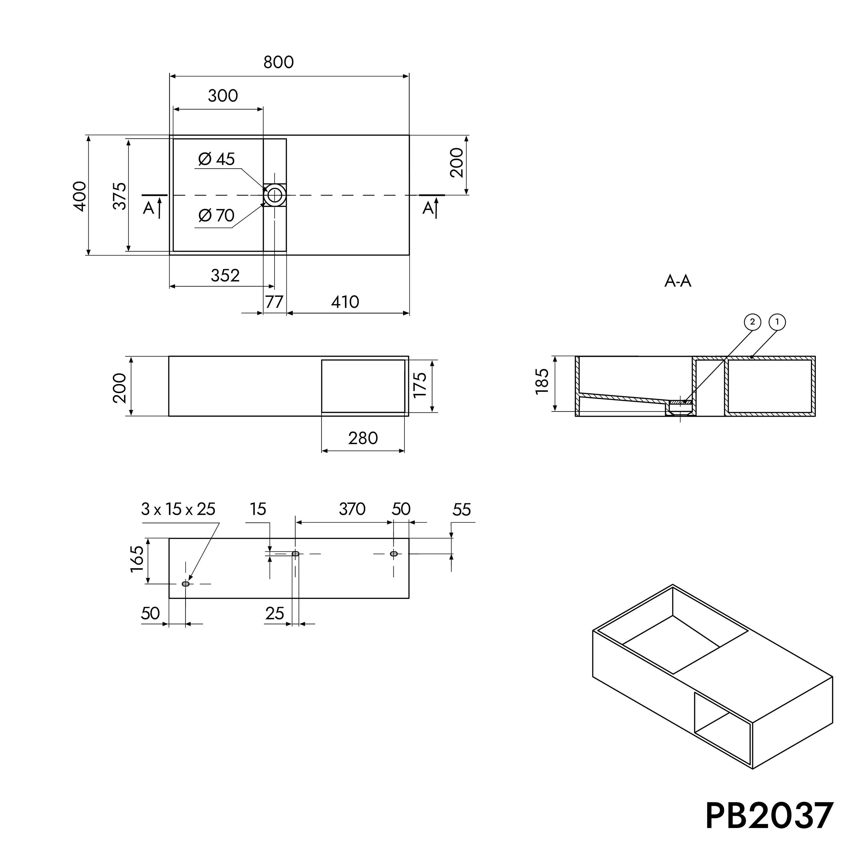 Vägghängt tvättställ PB2037 i gjuten mineral - Image 9