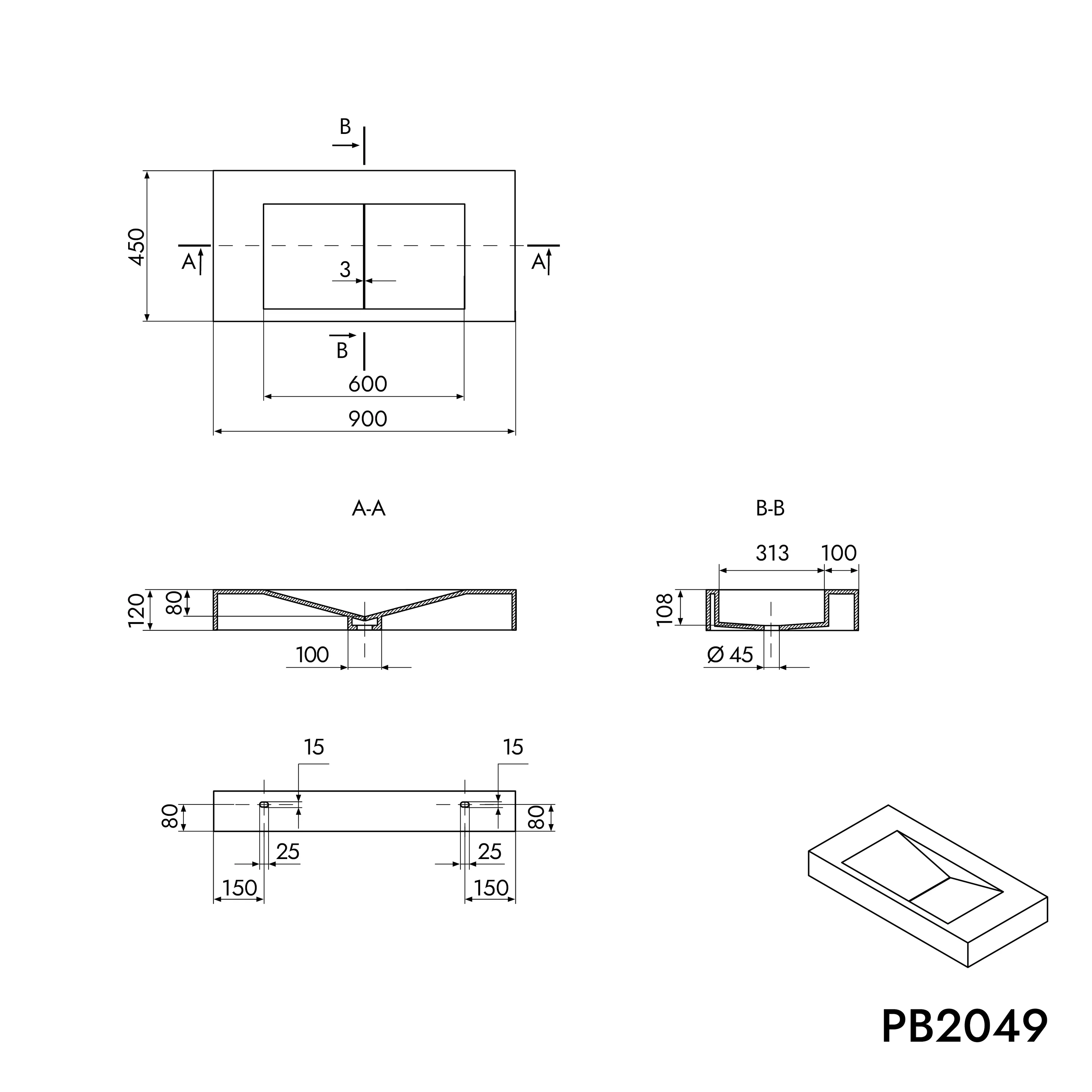 Vägghängt tvättställ PB2049 i gjuten mineral - Image 4