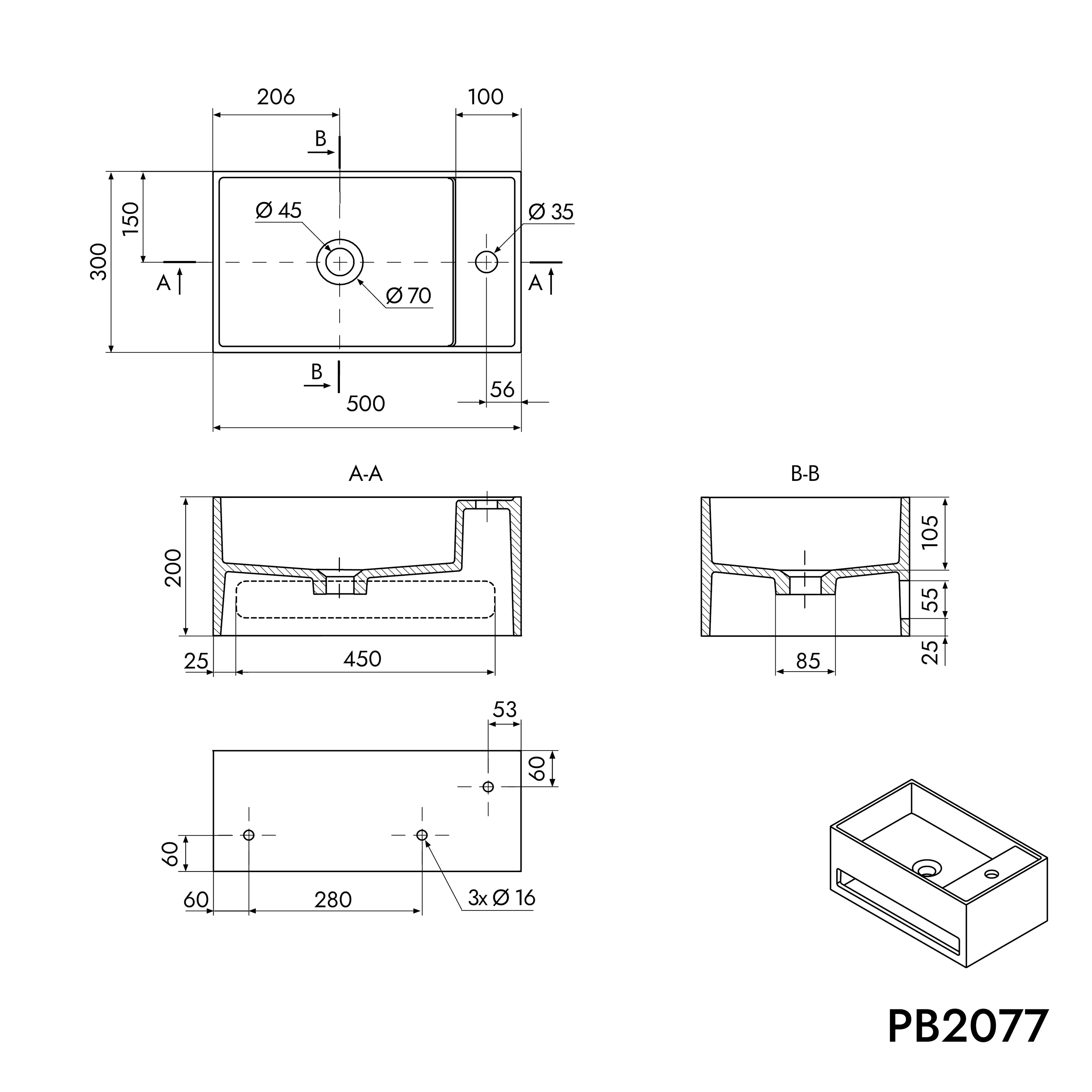 Vägghängt tvättställ PB2077 i gjuten mineral - Image 4