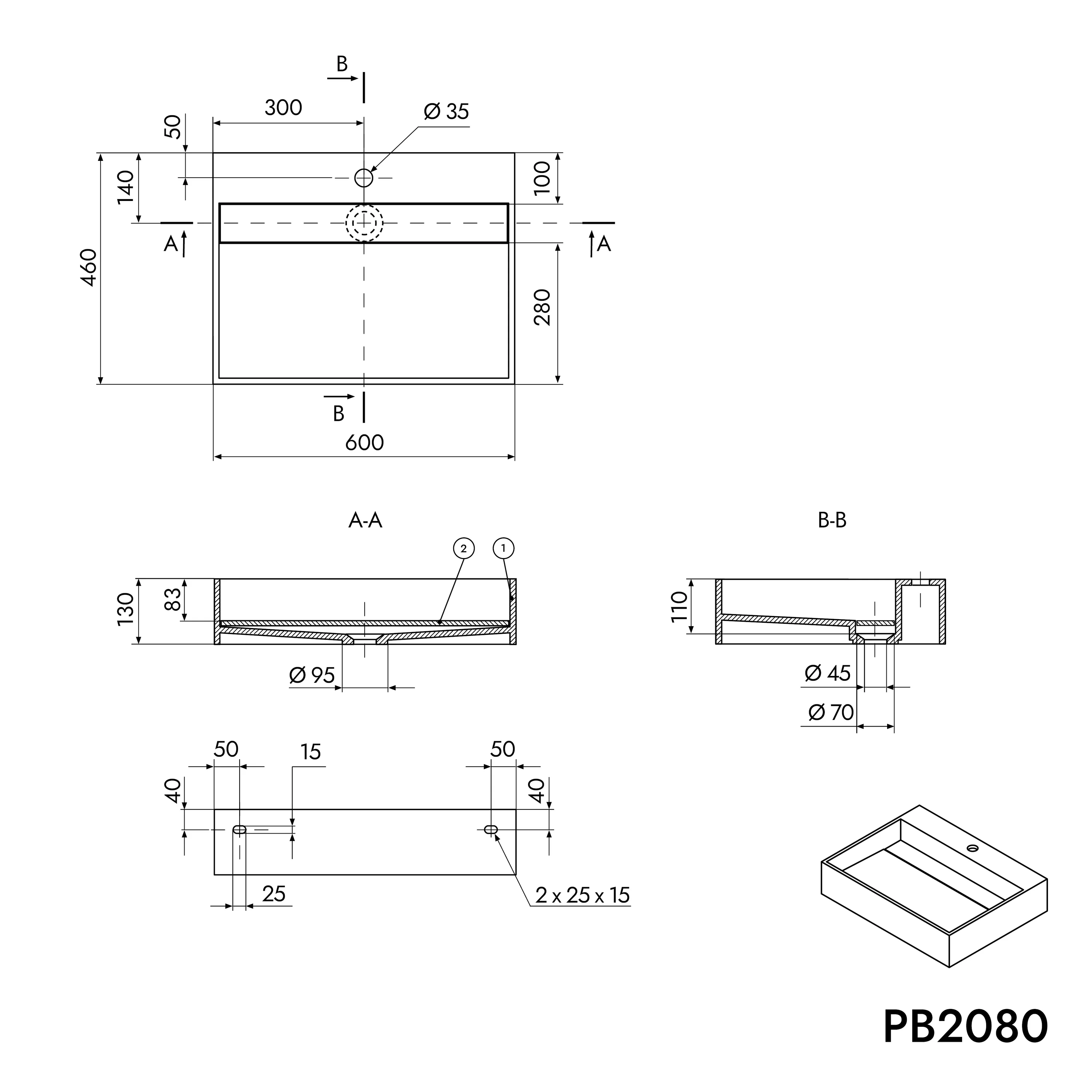 Vägghängt tvättställ PB2080 i gjuten mineral - Image 6
