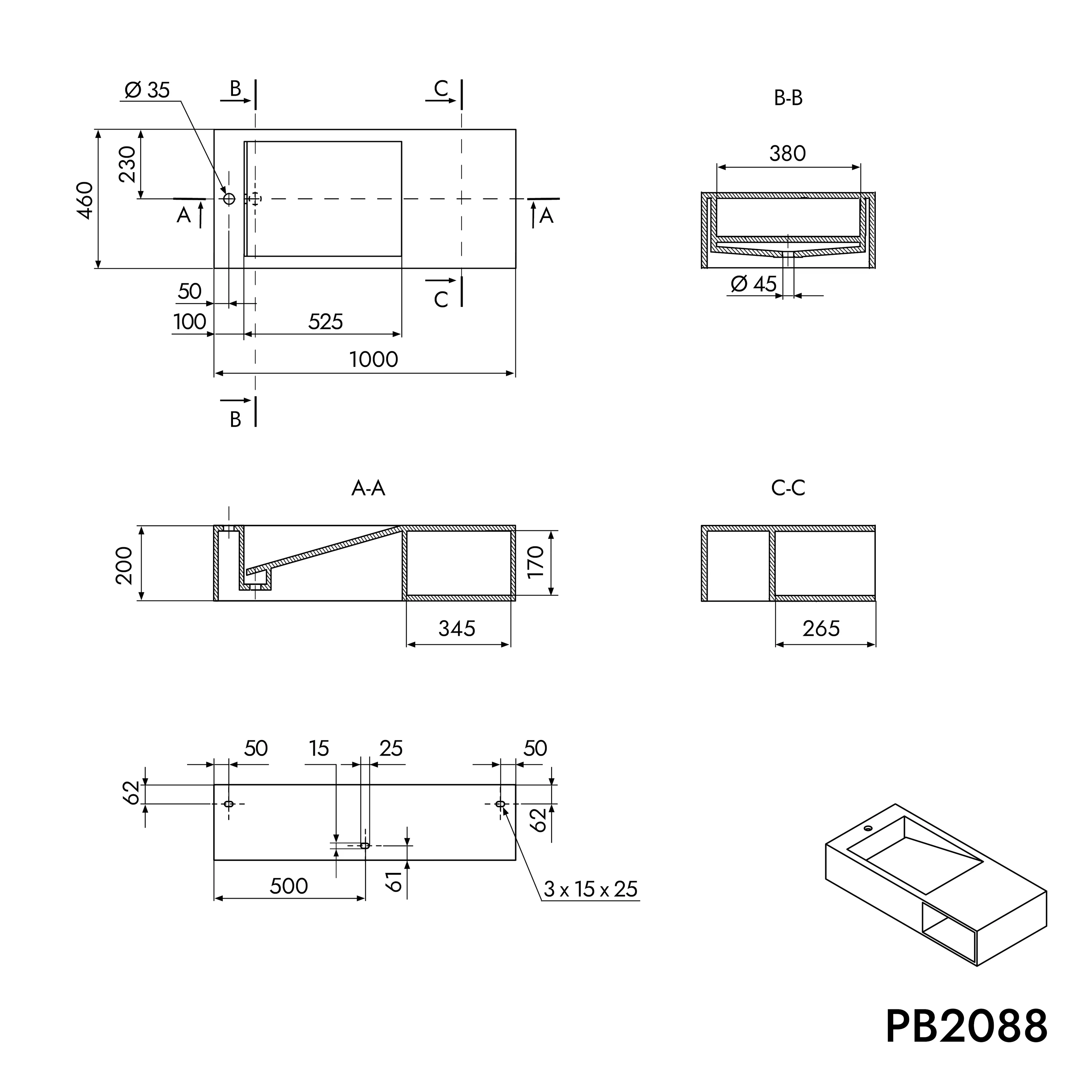 Vägghängt tvättställ PB2088 i gjuten mineral - Image 9