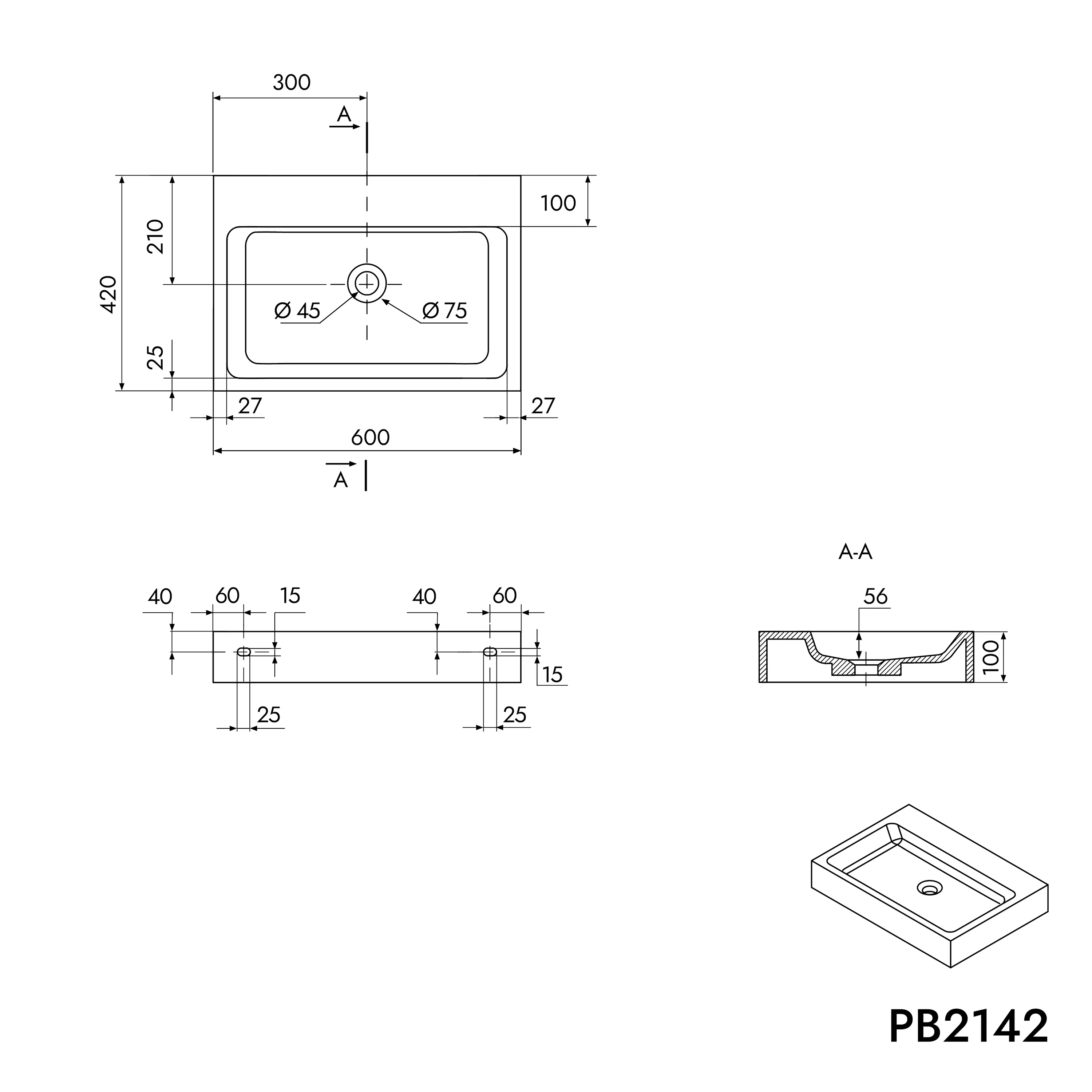 Vägghängt tvättställ PB2142 i gjuten mineral - Image 6