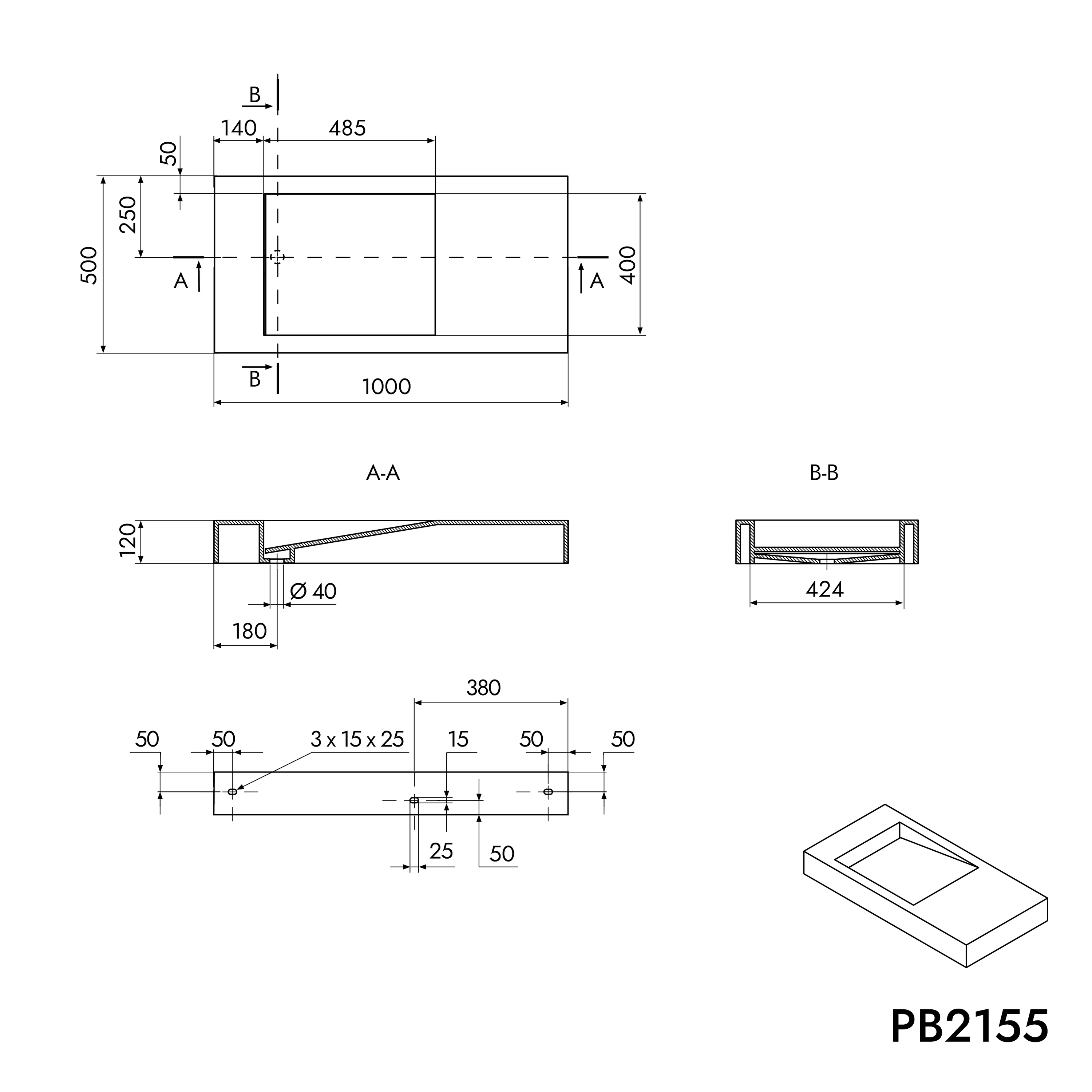 Vägghängt tvättställ PB2155 i gjuten mineral - Image 3