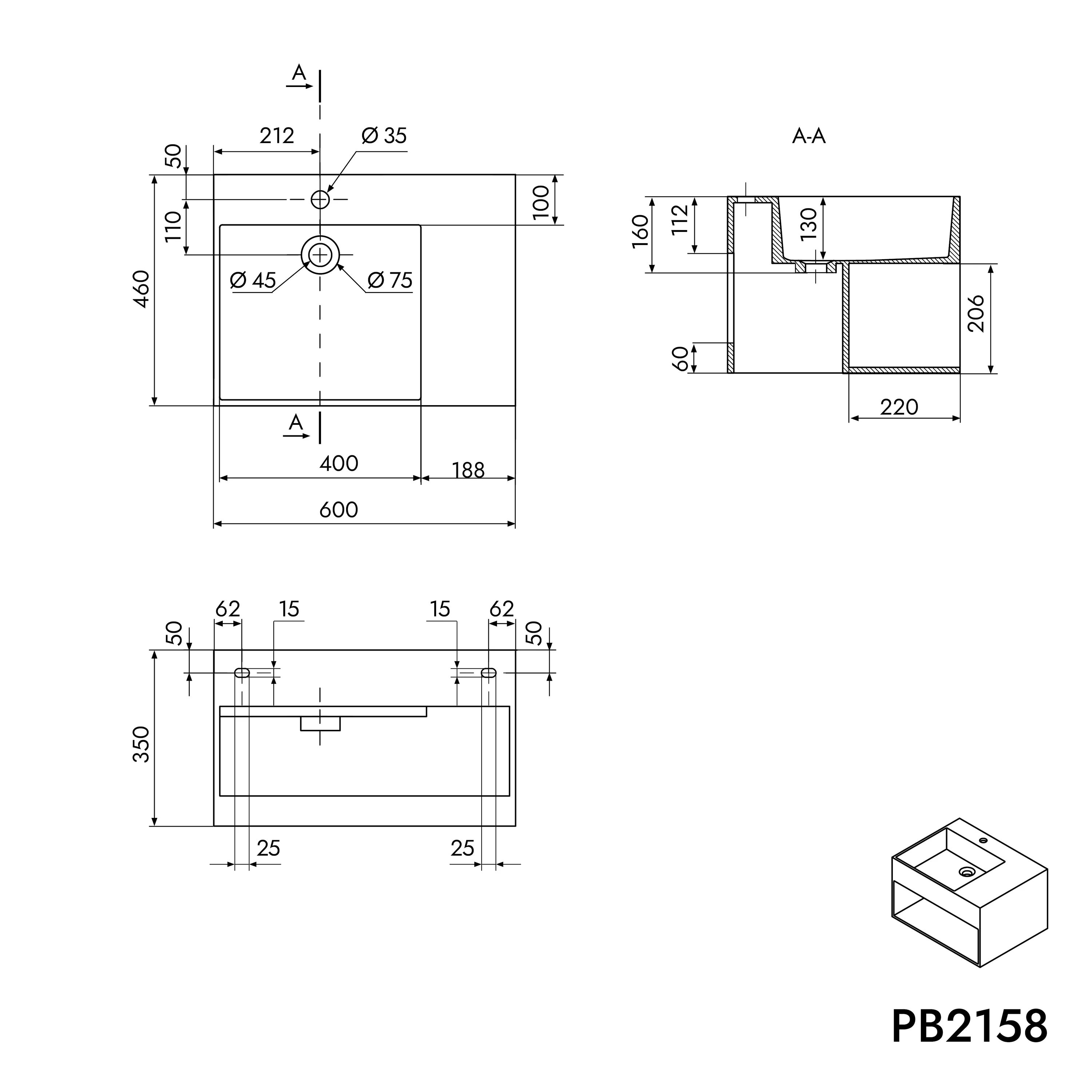 Vägghängt tvättställ PB2158 i gjuten mineral - Image 9