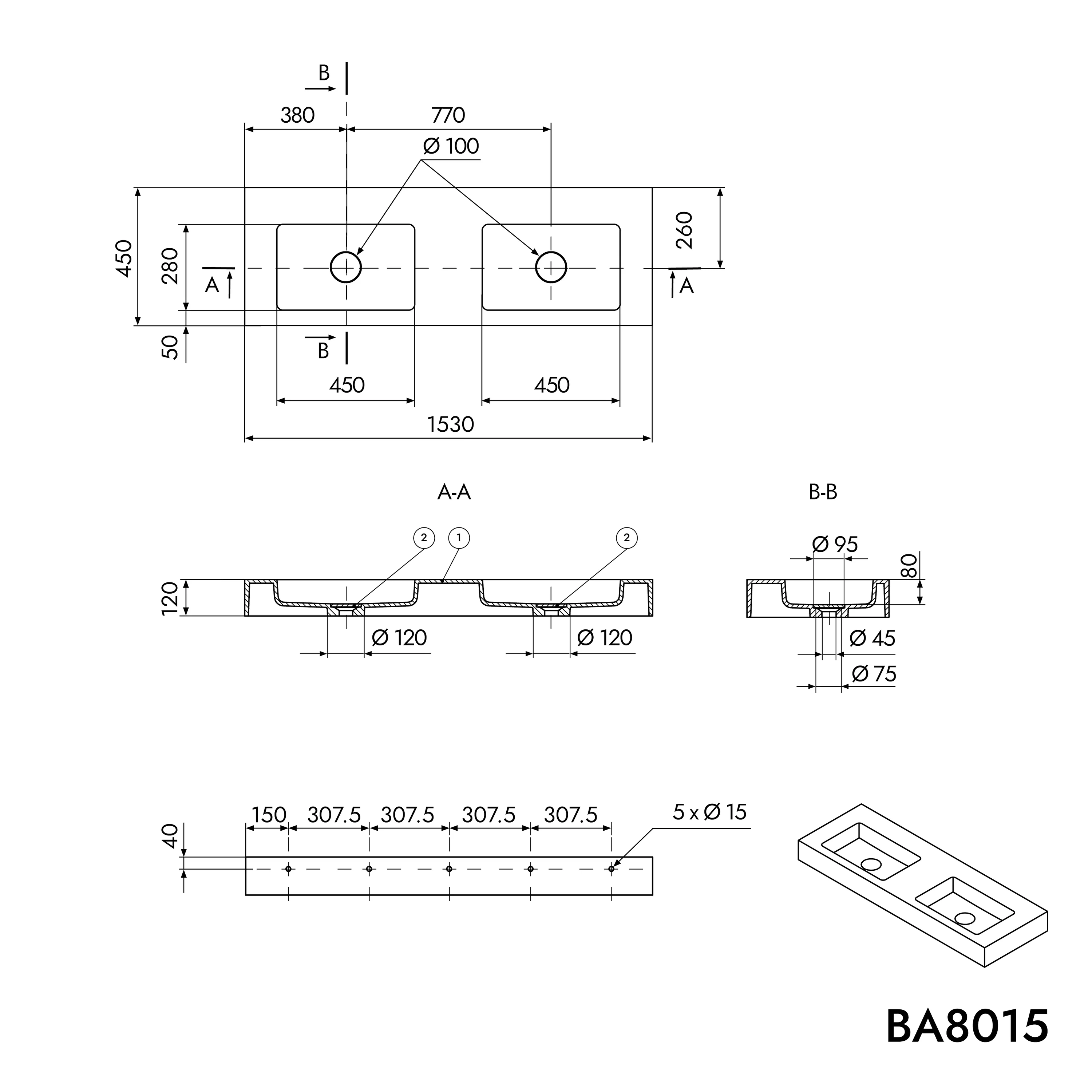 Väggmonterat dubbeltvättställ BA8015 i gjuten mineral - Image 10