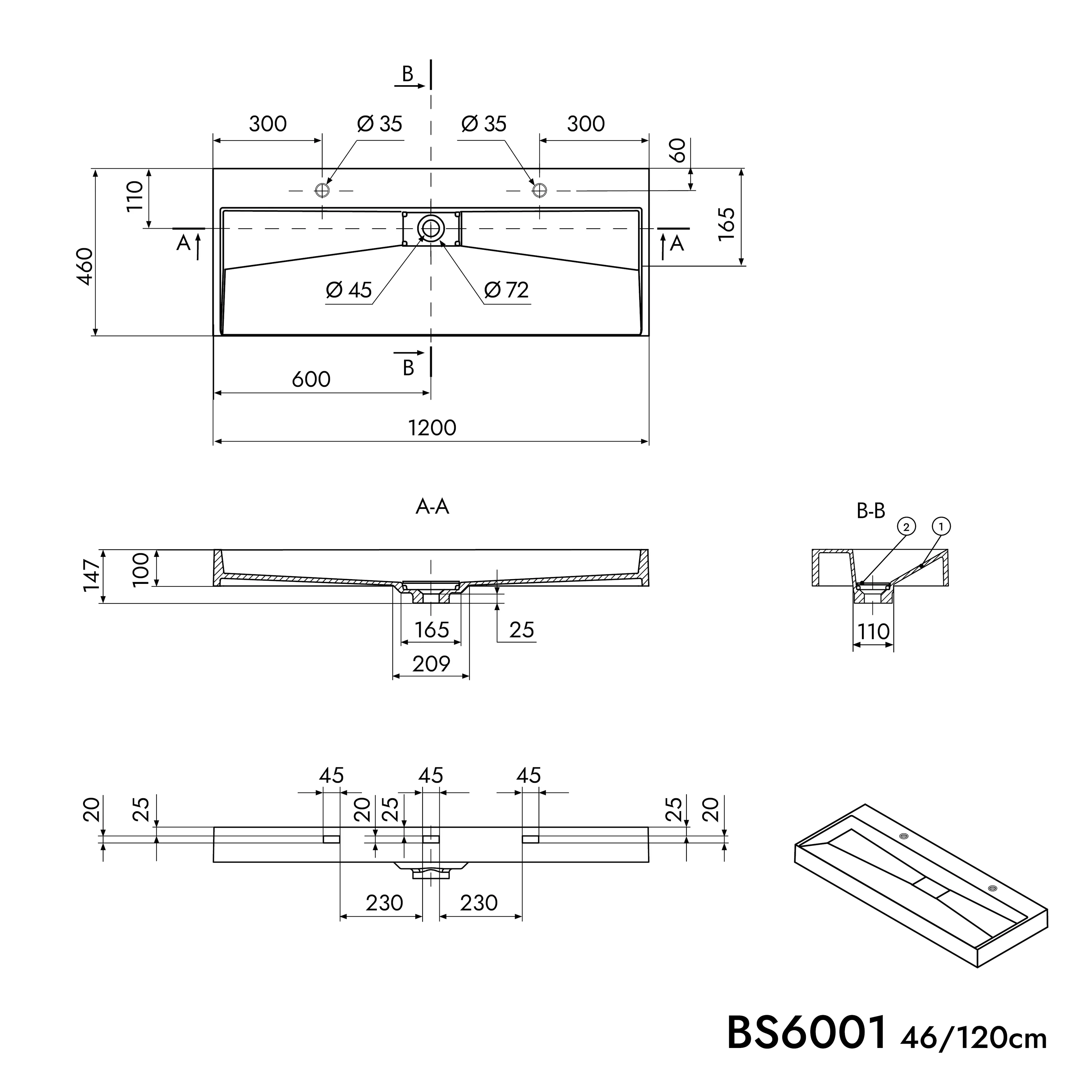 Väggmonterat eller fristående tvättställ/handfat BS6001 - vit- 2 hål för kranenhet - bredd på 120 cm - Image 7