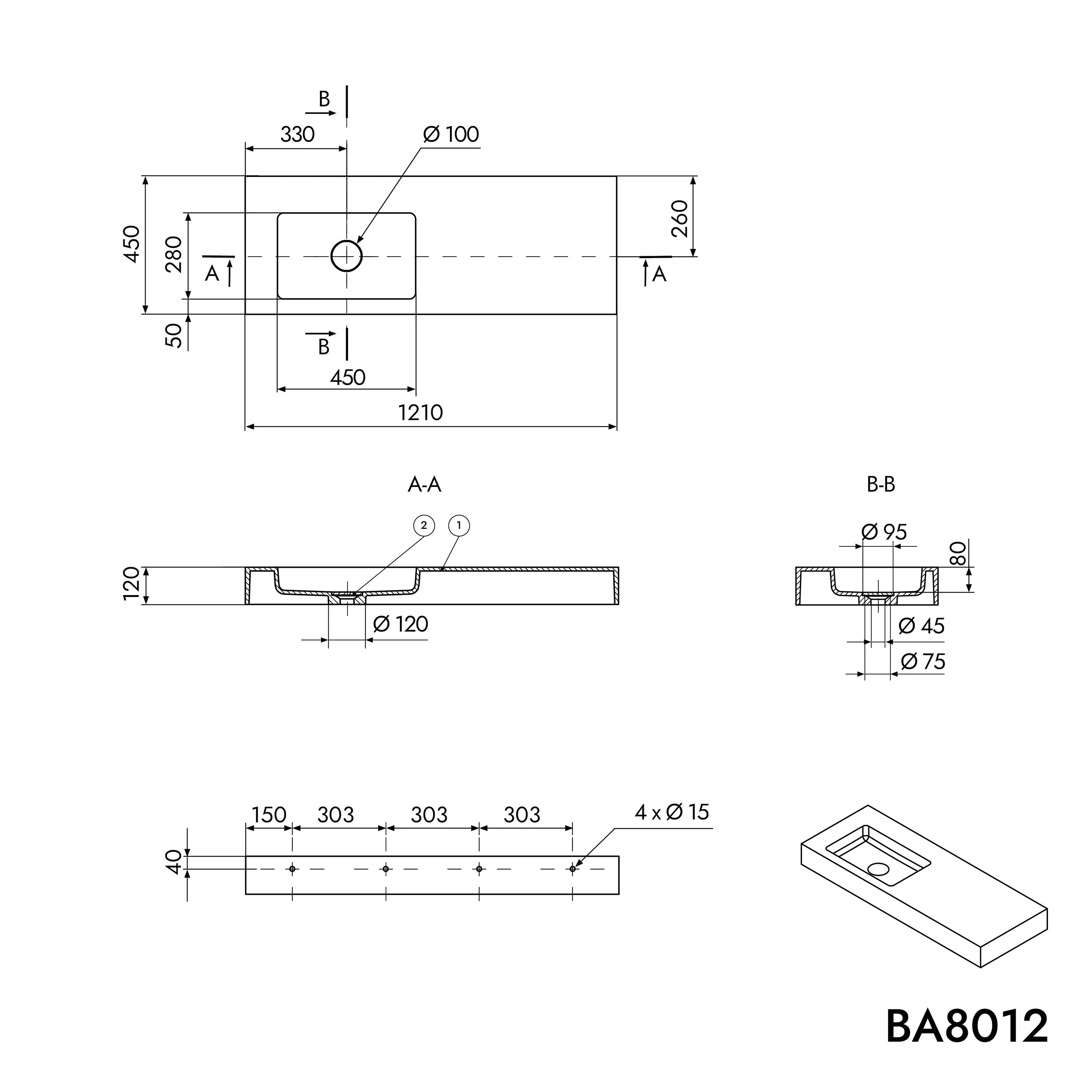 Väggmonterat handfat BA8012 av mineralgjutning - Image 20