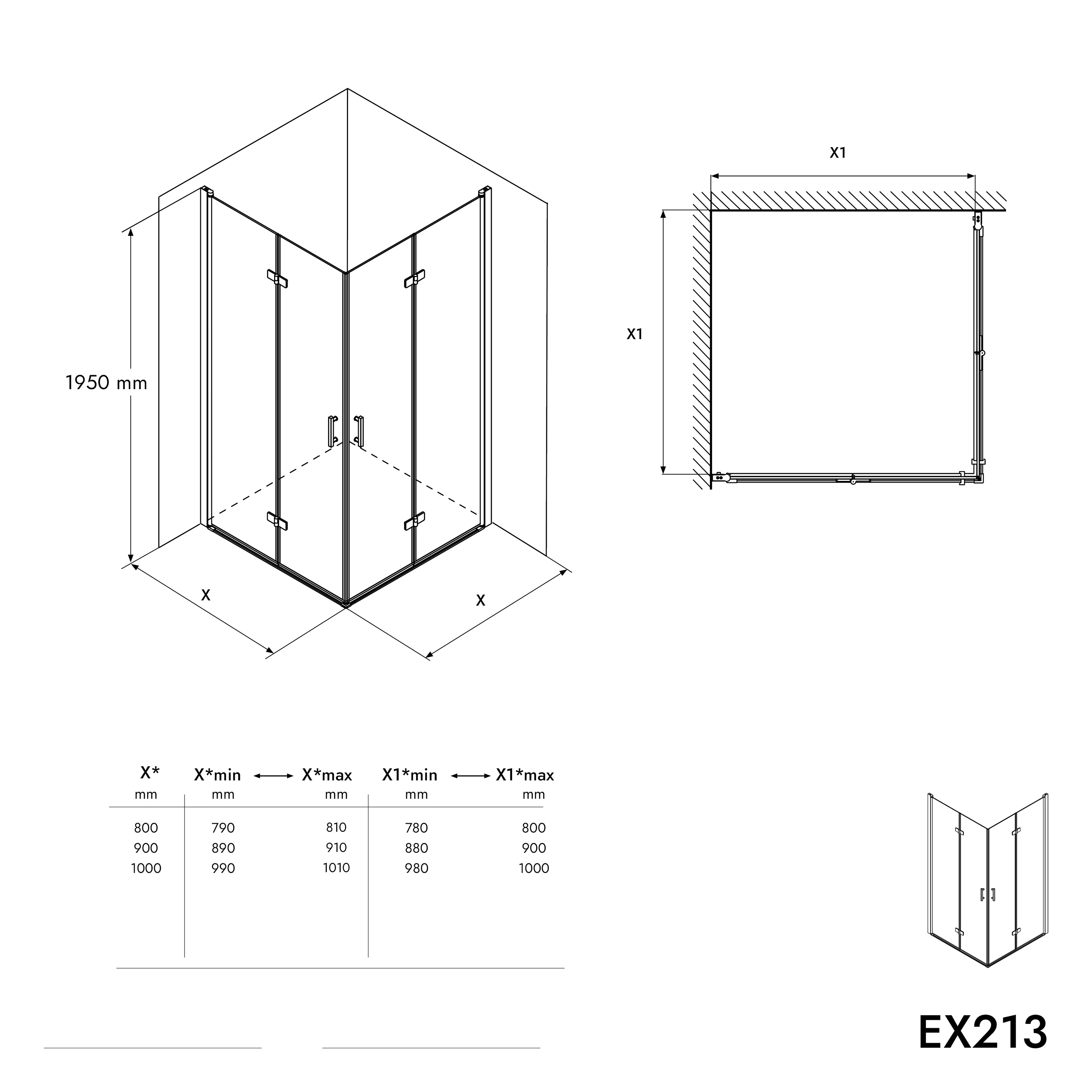 Vikbar duschvägg av nano-glas, EX213, 100 x 100 x 195 cm + duschkar - Image 9